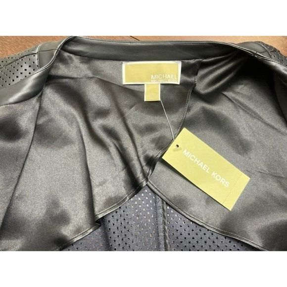 Michael Kors Women Black Faux Leather Bomber Perforated Jacket Sz Large NWT $195 - Picture 2 of 13